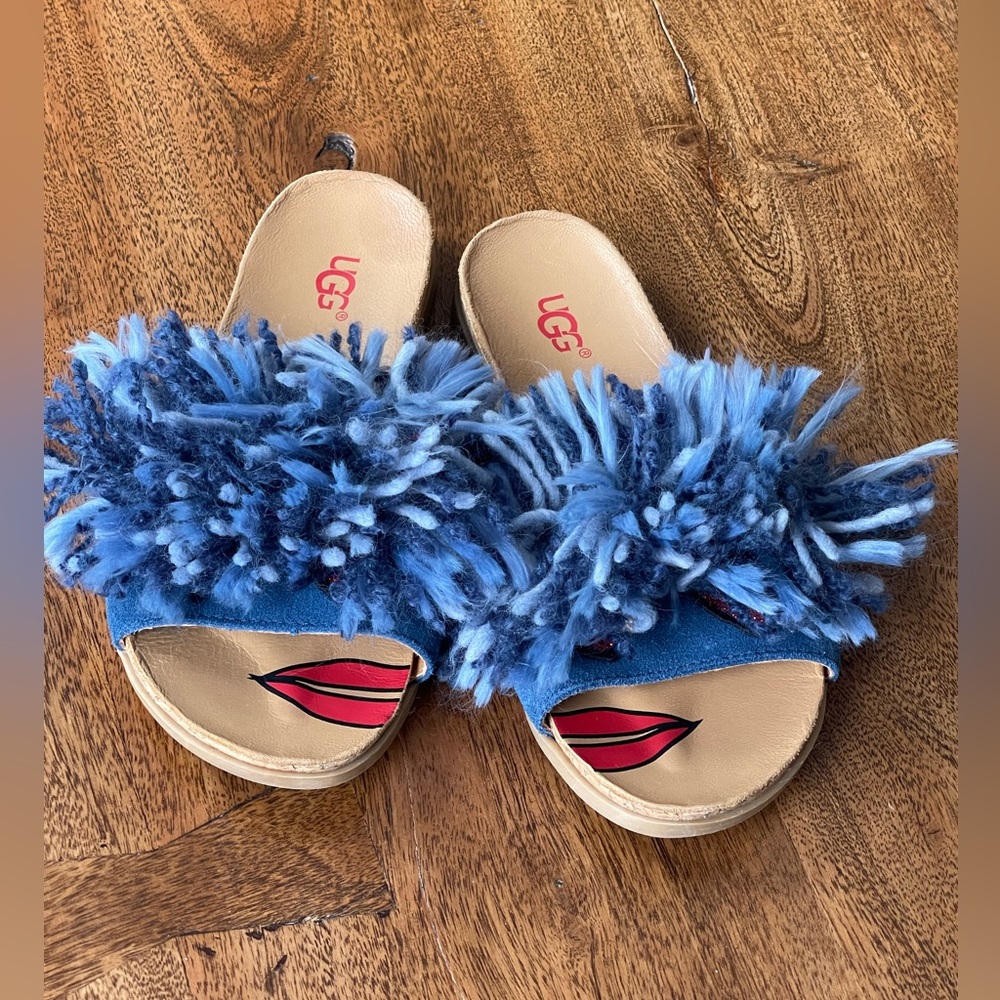 UGG Girls Blue Suede Furry Cork Sole Slide Sandals, Size 1